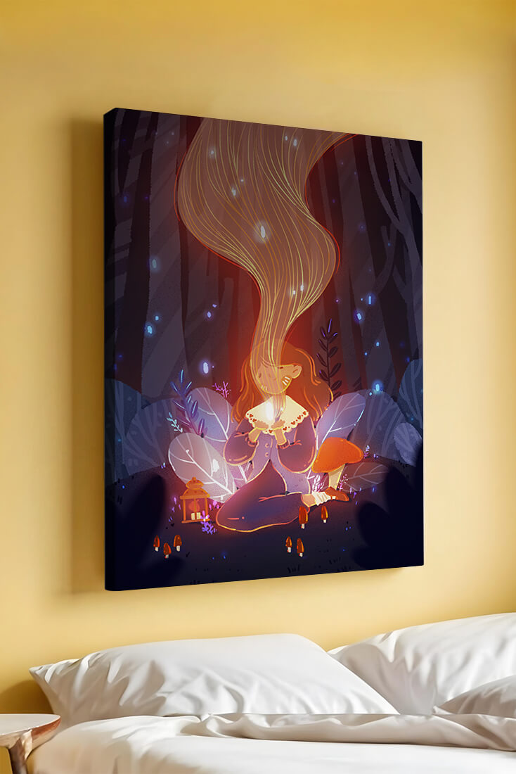 Magical forest scene with lantern and glowing hair