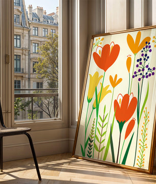 Bright Floral Illustration with Orange, Yellow, and Purple Flowers in Bold Colors