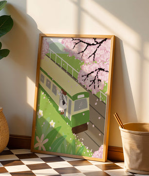 Escena de cerezos en flor y tren en un paisaje primaveral