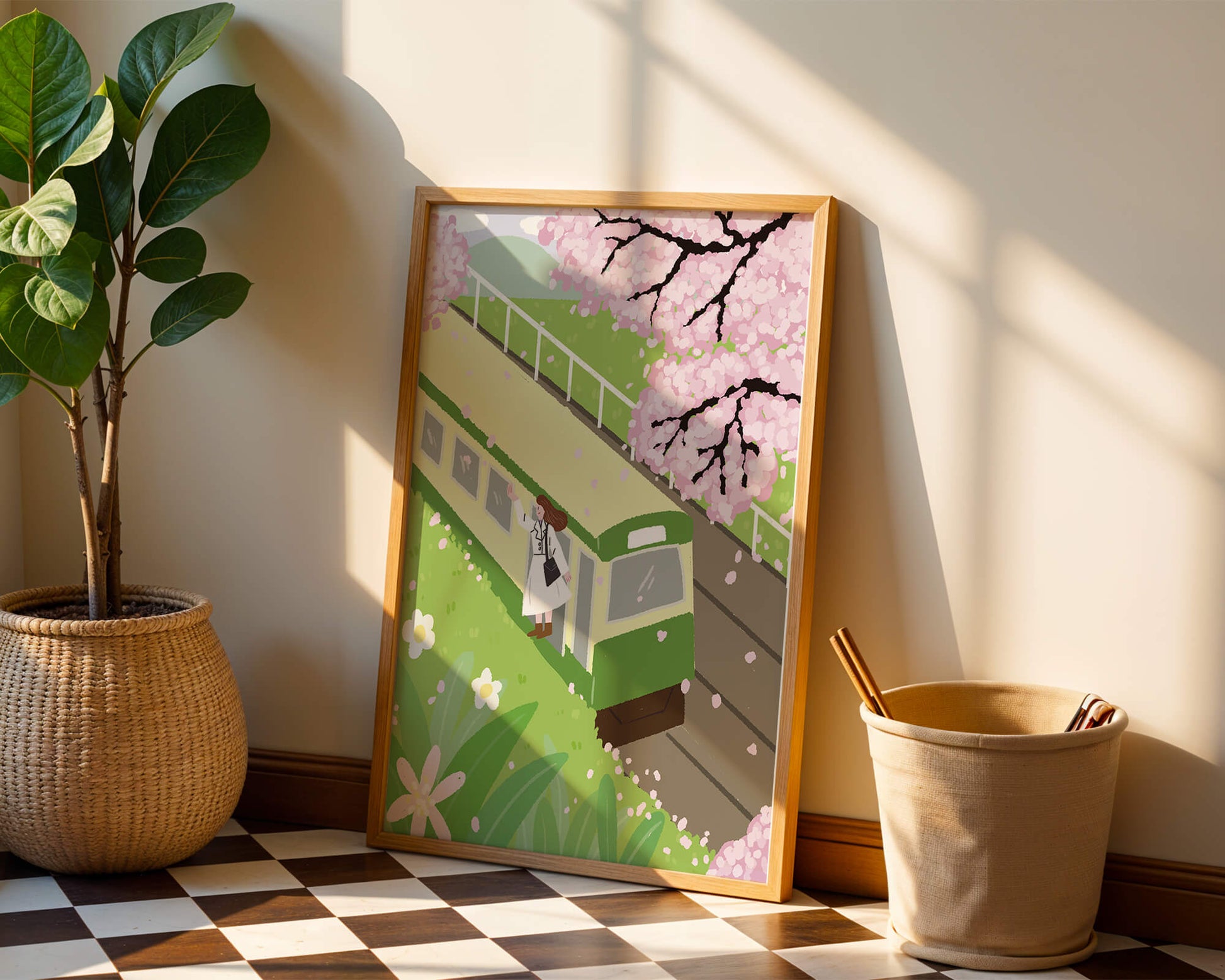 Cherry Blossoms and Train Scene in Spring Landscape
