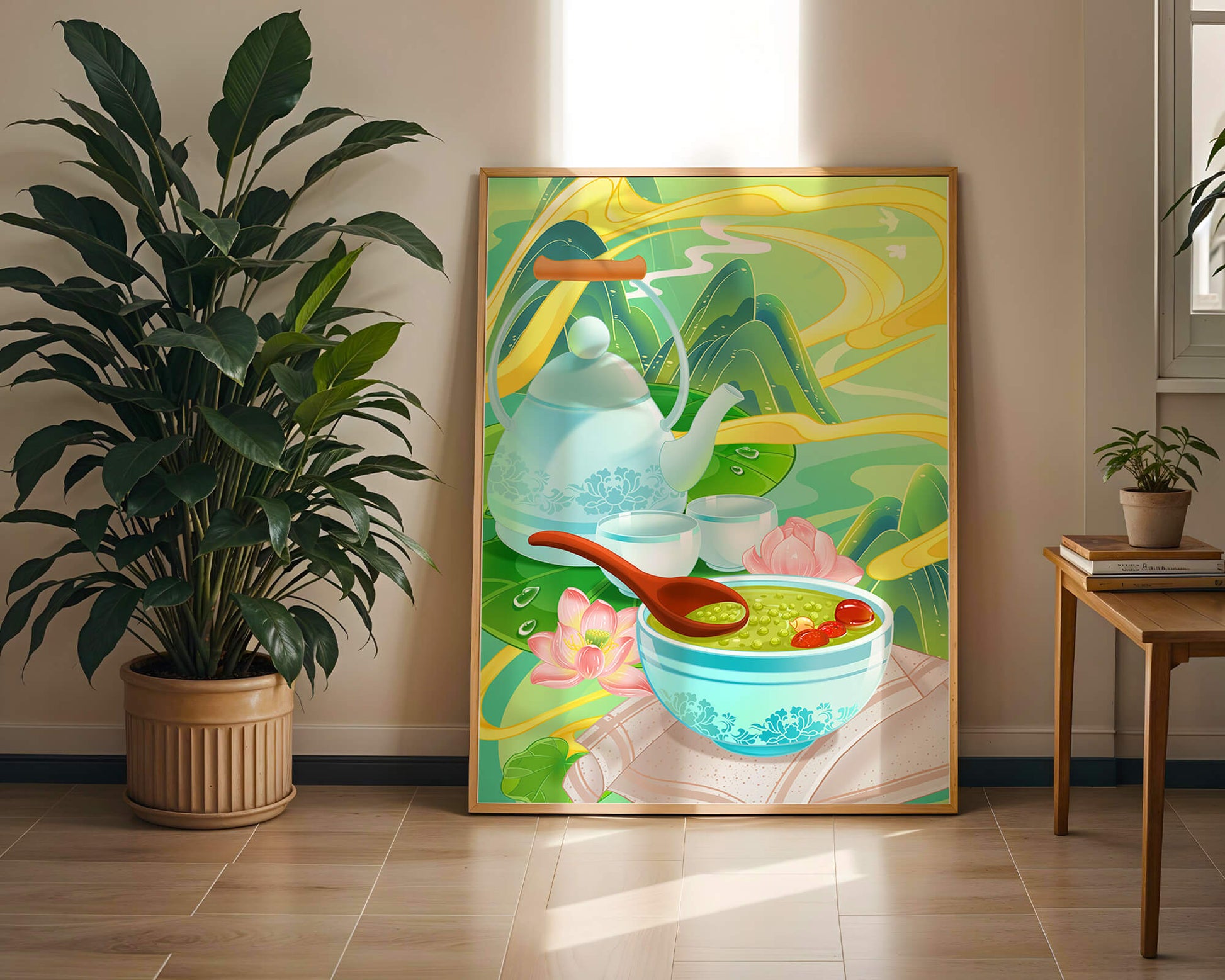 Ceremonia del té con tetera y cuencos de té en medio de un paisaje natural.