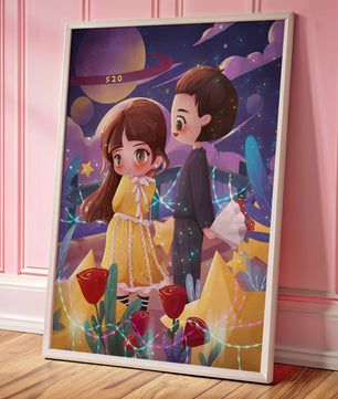 Ilustración de pareja romántica con estrellas y rosas en un entorno nocturno mágico