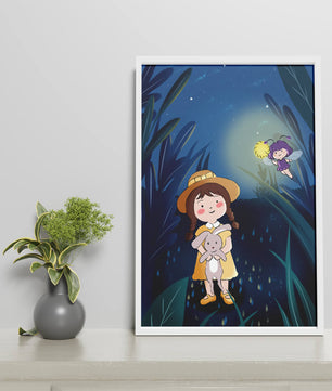 Ilustración de una chica en un bosque con una luciérnaga mágica por la noche