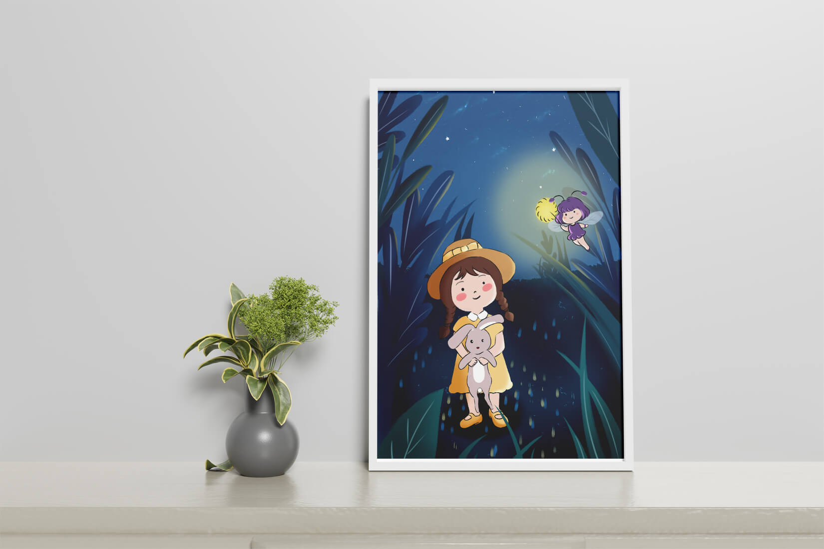 Ilustración de una chica en un bosque con una luciérnaga mágica por la noche