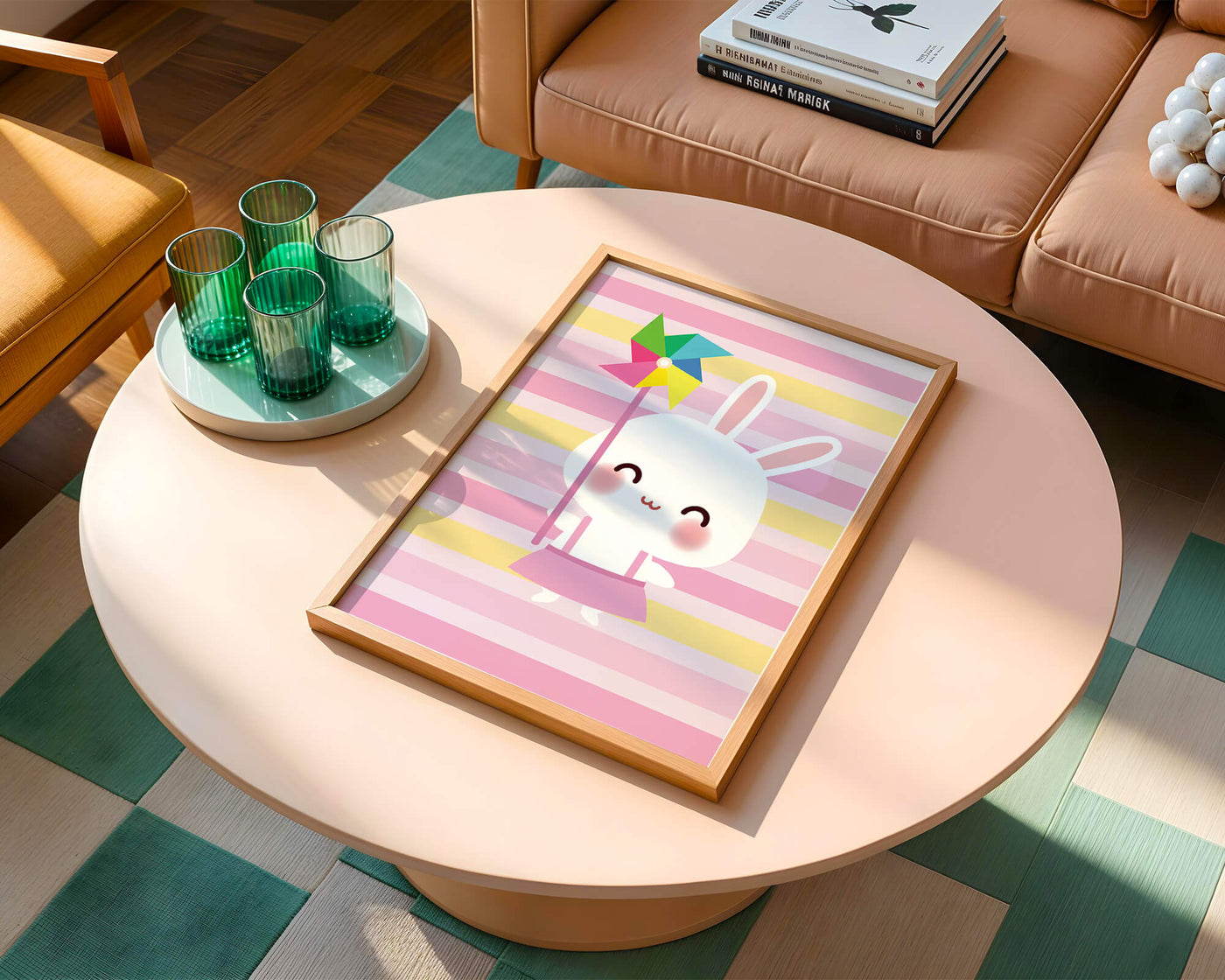 Adorable bunny with pinwheel on pastel striped backdrop
