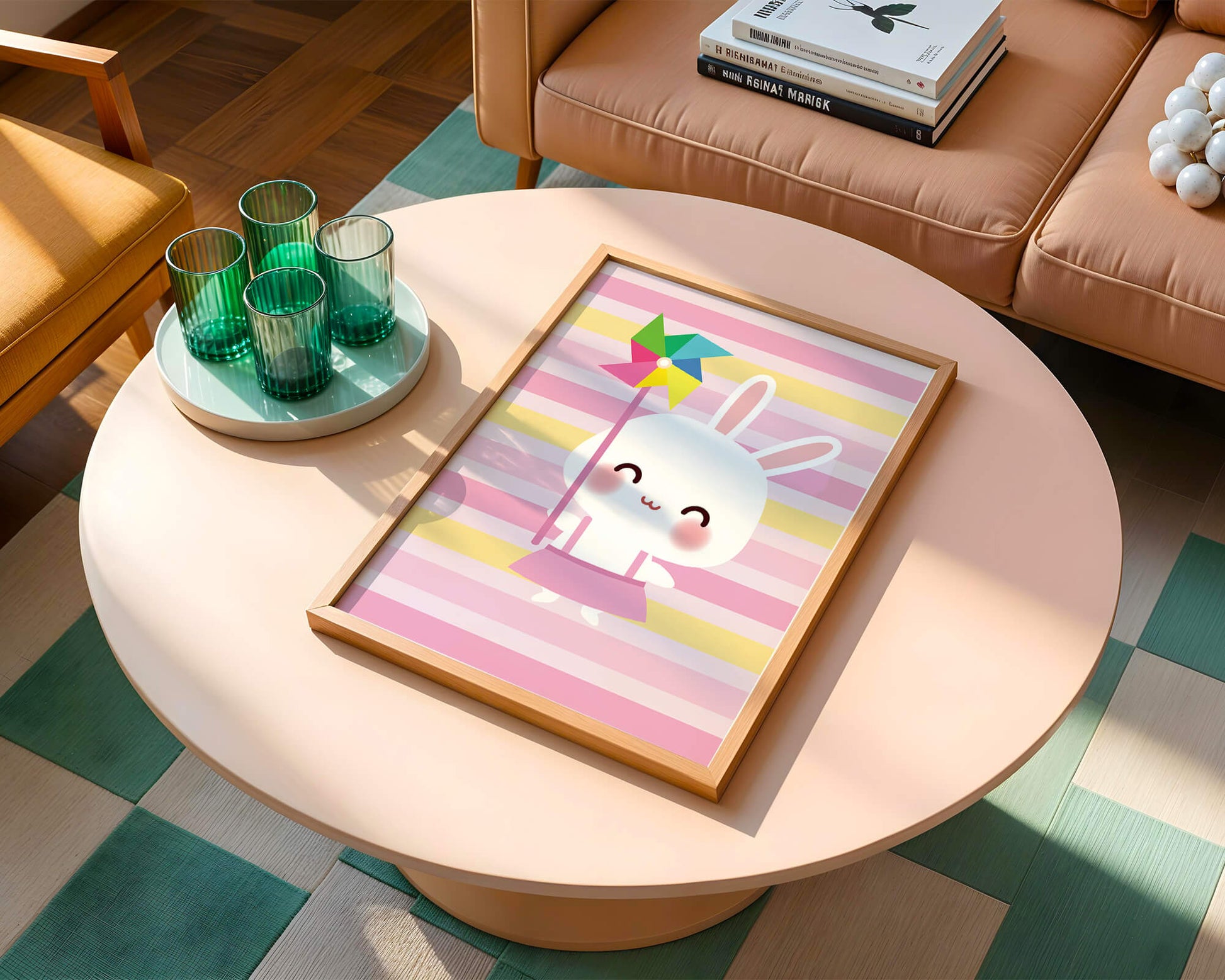 Adorable bunny with pinwheel on pastel striped backdrop