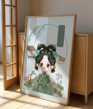 Charming illustration of a cute character in traditional Asian attire with floral elements