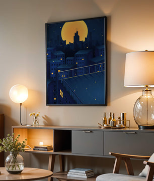 Stadtdach bei Nacht mit beleuchteten Fenstern und Vollmond