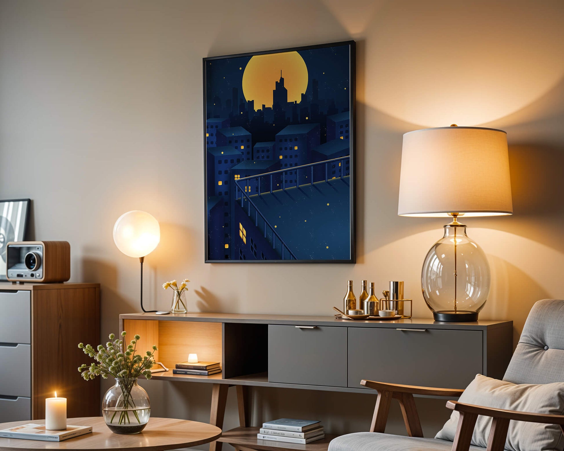 City Rooftop at Night with Illuminated Windows and Full Moon