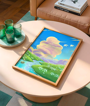Serene landscape with rolling hills, stream, and vibrant sky