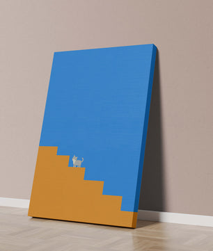 Gato minimalista en escaleras con fondo azul