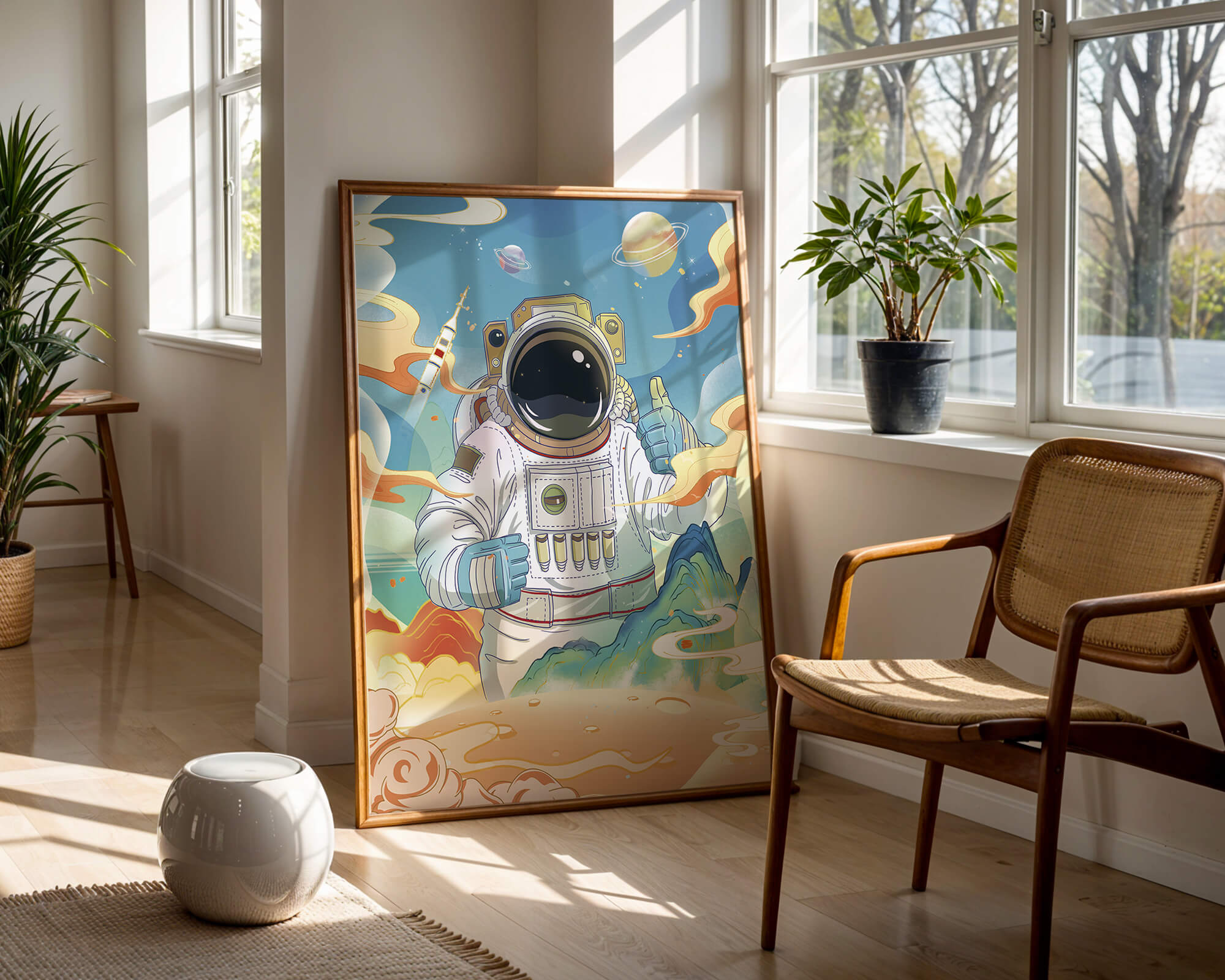 Colorful illustration of an astronaut in space with planets and rocket