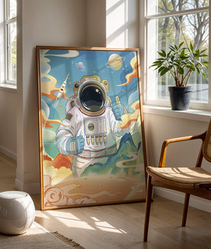 Colorful illustration of an astronaut in space with planets and rocket