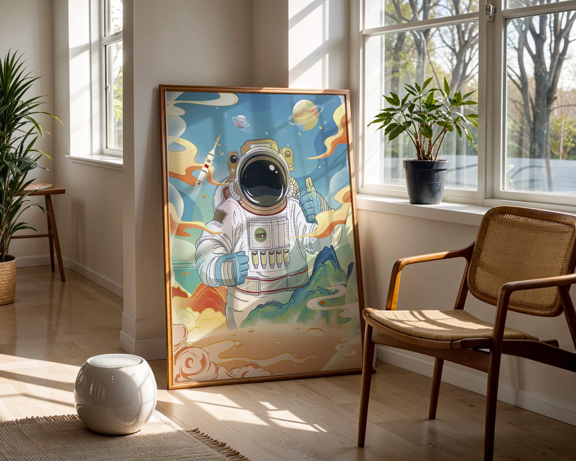 Colorful illustration of an astronaut in space with planets and rocket