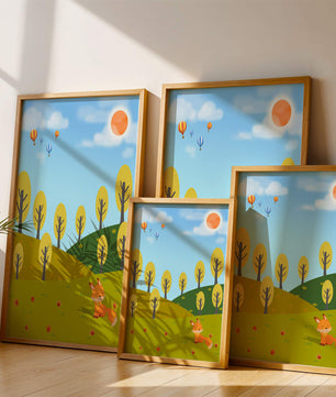 Whimsical landscape with hot air balloons and a fox in autumn scenery