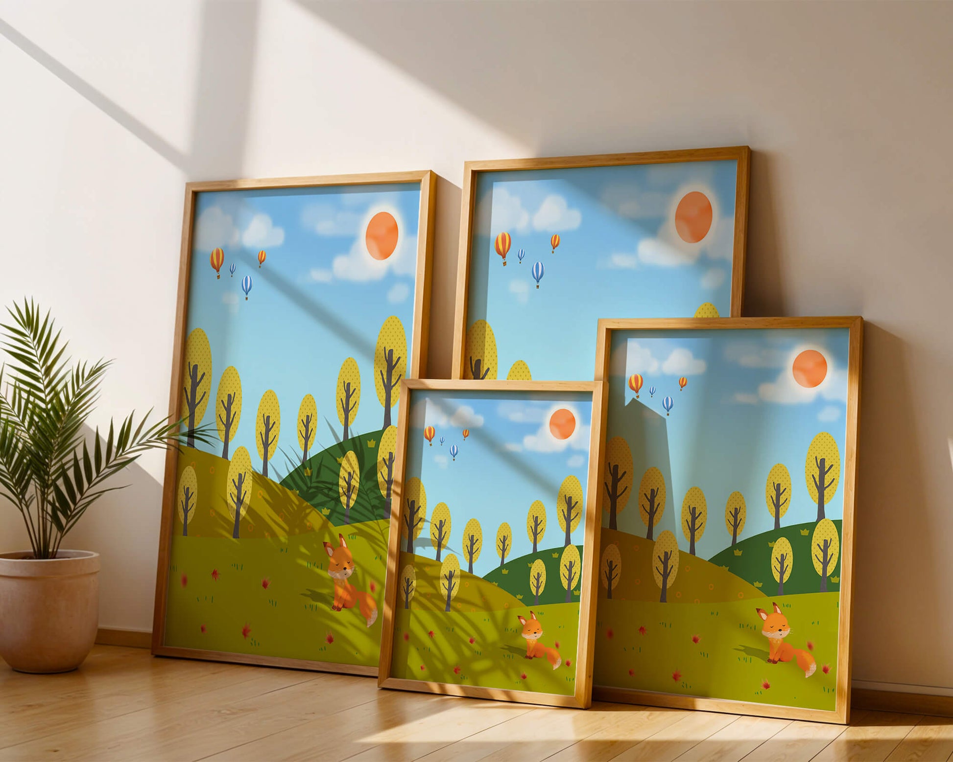 Whimsical landscape with hot air balloons and a fox in autumn scenery