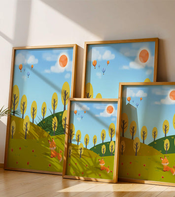 Whimsical landscape with hot air balloons and a fox in autumn scenery