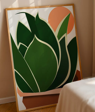 Ilustración contemporánea de una planta serpiente con fondo de amanecer