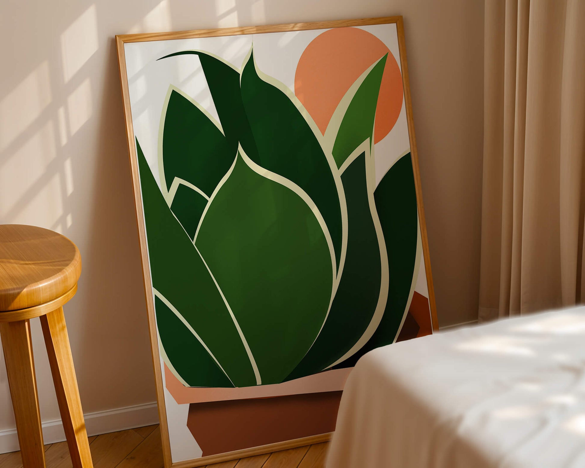 Ilustración contemporánea de una planta serpiente con fondo de amanecer