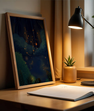 Enchanted night forest with glowing fireflies and dense foliage