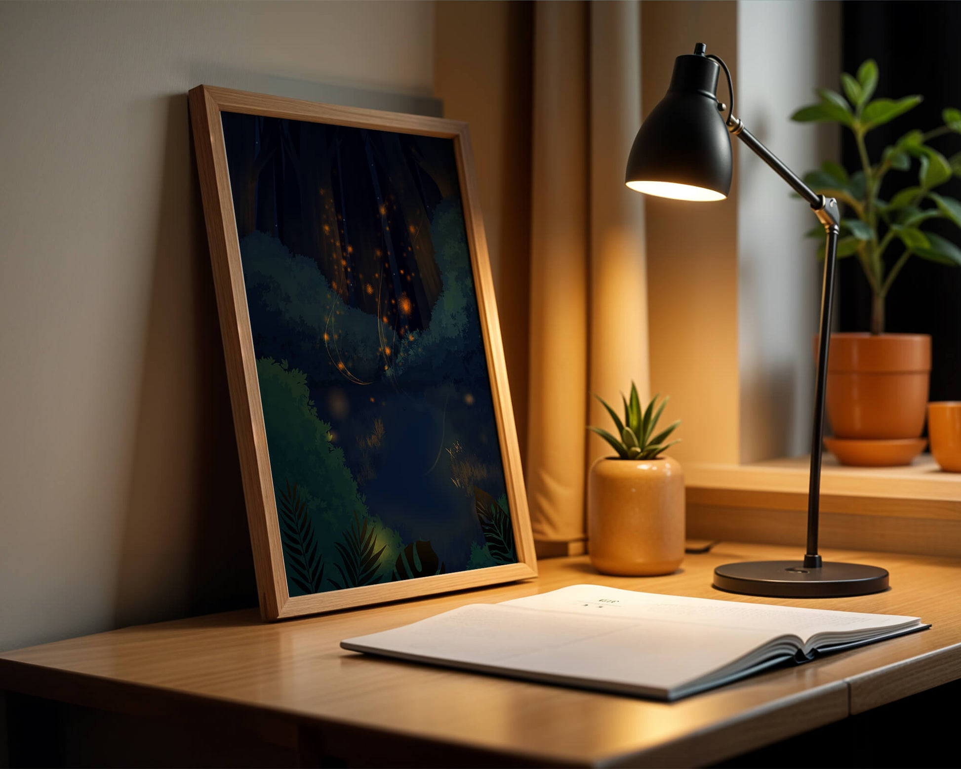 Enchanted night forest with glowing fireflies and dense foliage