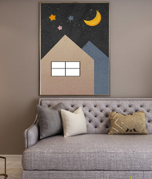 Charming Night Sky with Moon, Stars, and Houses - Mi tienda
