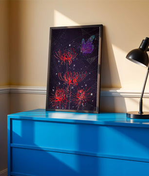 Vivid Night Sky with Red Spider Lilies and Purple Butterfly - Mi tienda