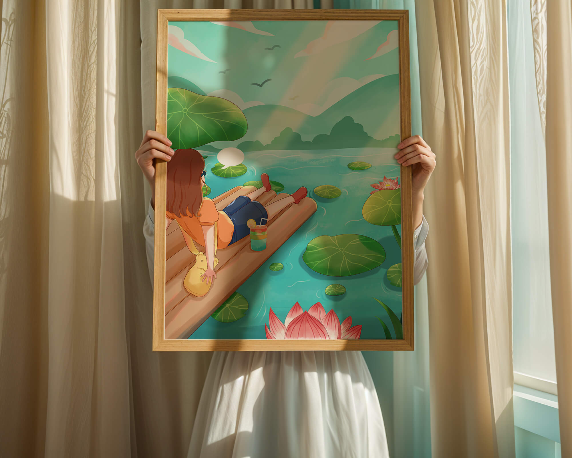 Peaceful lake scene with raft and relaxing atmosphere