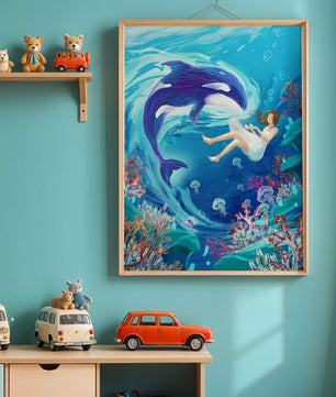 Escena submarina de fantasía con una ballena juguetona y una chica flotando entre corales y medusas
