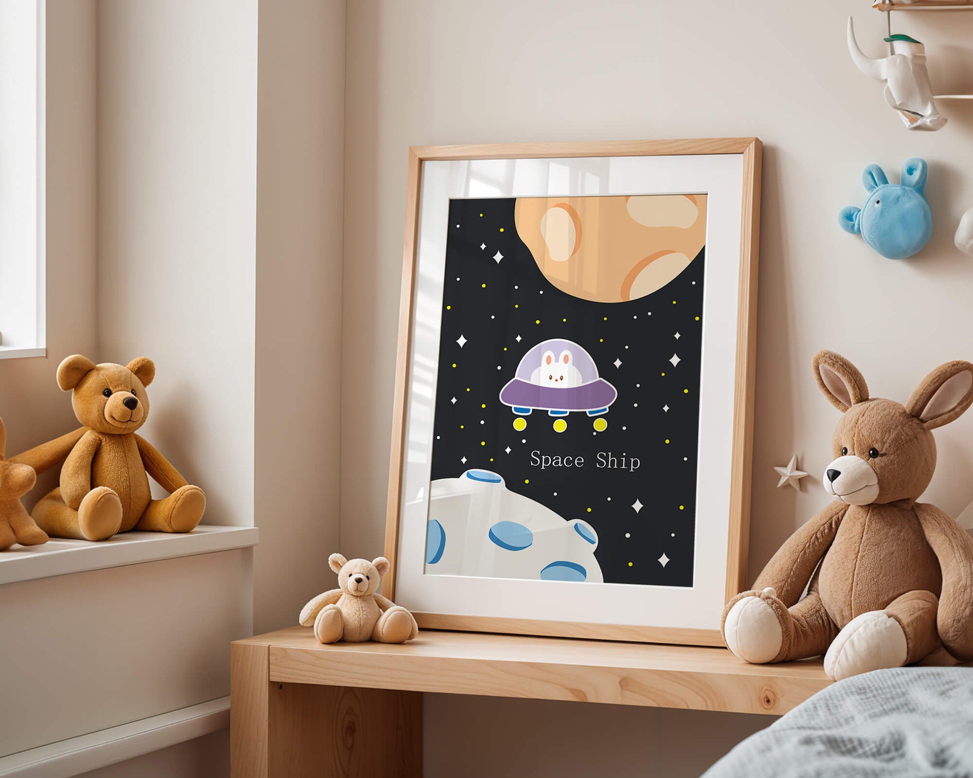 Cute bunny in spaceship with planets and stars in space illustration