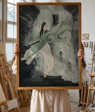 Dynamic illustration of a warrior in flowing robes with a spear