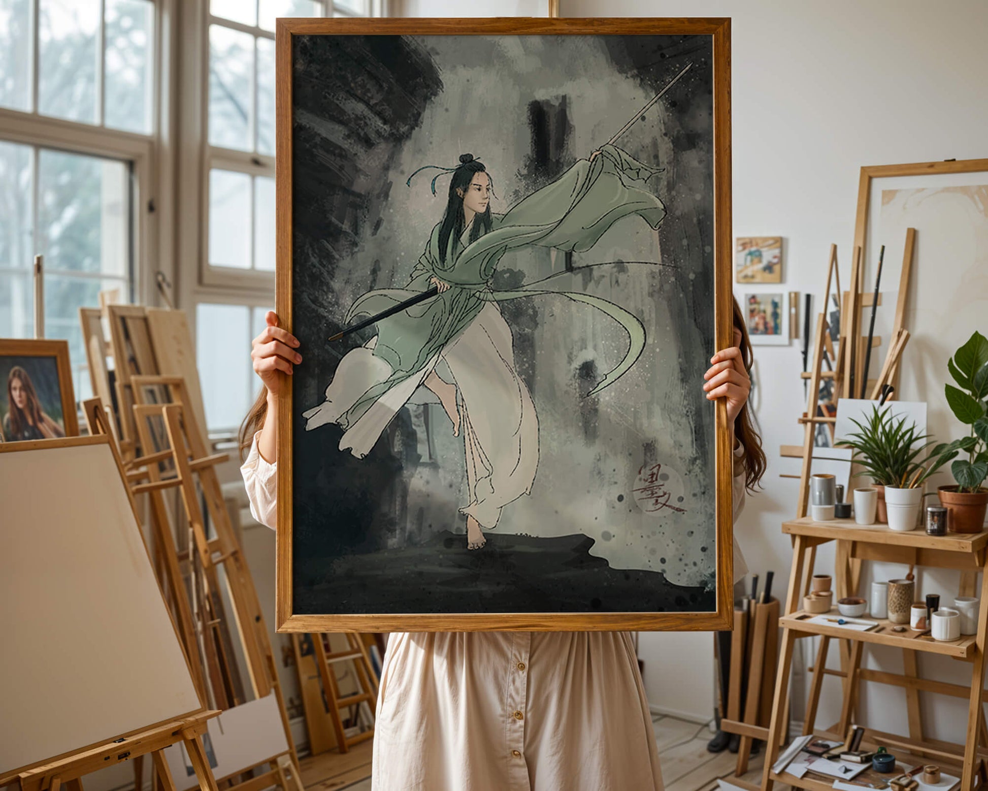 Dynamic illustration of a warrior in flowing robes with a spear