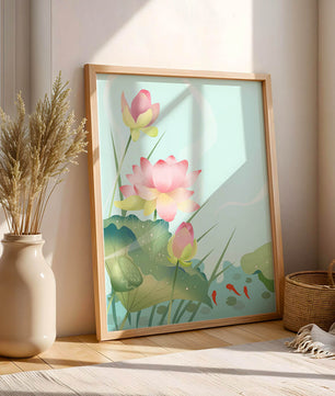 Loteo de flores de loto ilustrativas con hojas y peces koi en un estanque sereno