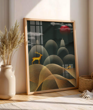 Golden Deer on Abstract Landscape with Red Sun and Pagoda