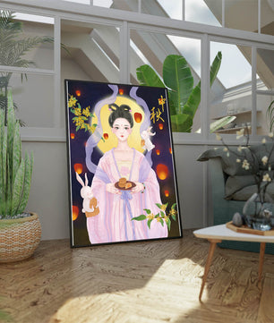 Mid-Autumn Festival Illustration with Moon Goddess and Rabbits