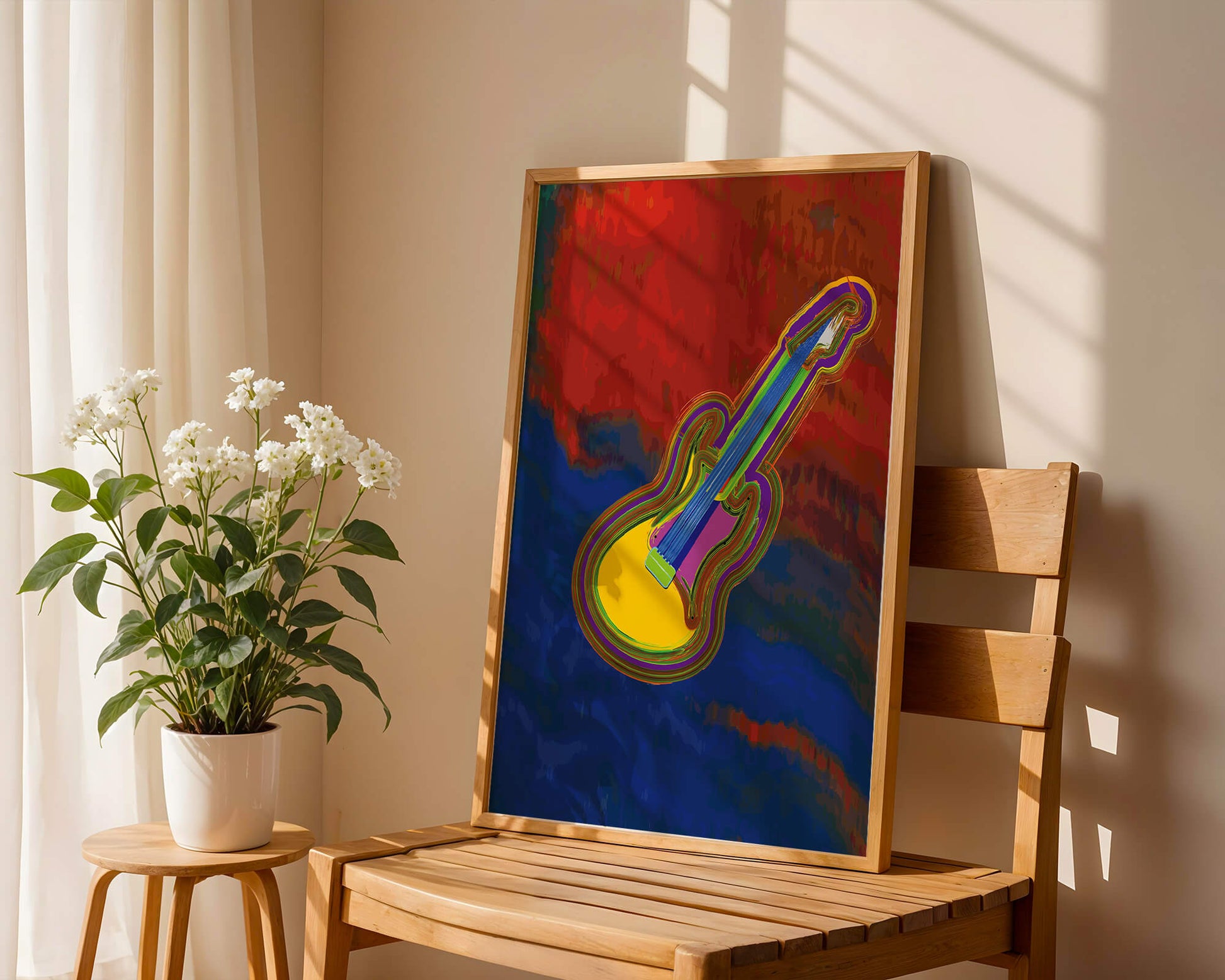 Vibrant abstract guitar illustration with bold colors