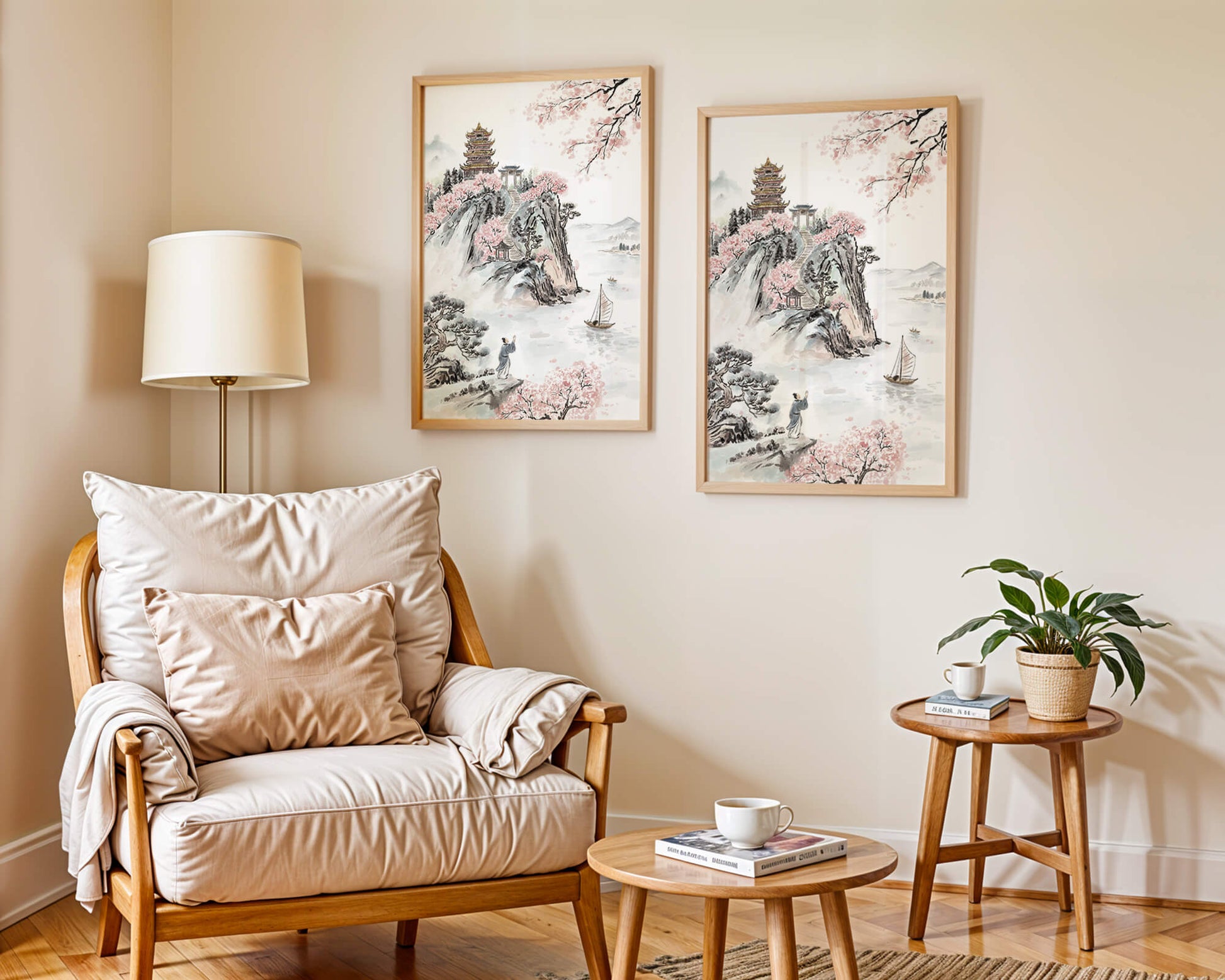 Tranquil Landscape with Cherry Blossoms and Traditional Pagoda
