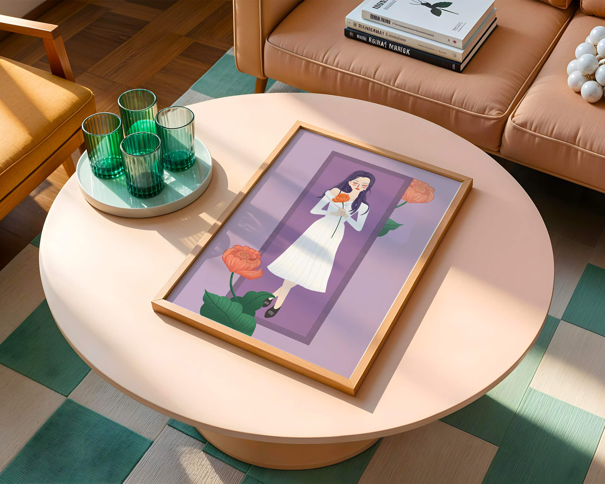 Illustration of a woman holding a flower in a serene pose