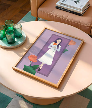 Illustration of a woman holding a flower in a serene pose