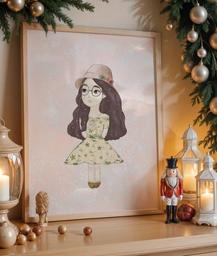 Ilustración encantadora de una niña con vestido y sombrero floral
