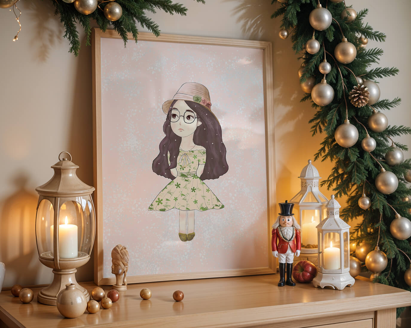 Charming illustration of a girl in a floral dress and hat