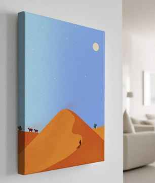Serene desert landscape with dunes, camels, and a lone traveler under a starry sky