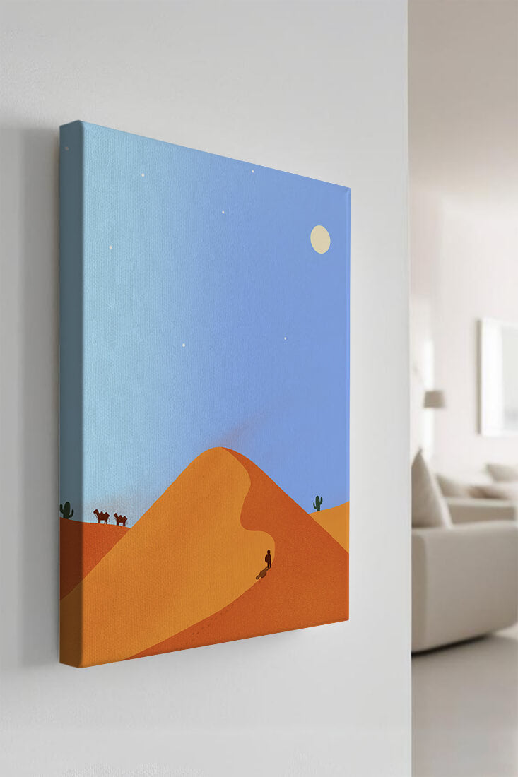 Serene desert landscape with dunes, camels, and a lone traveler under a starry sky