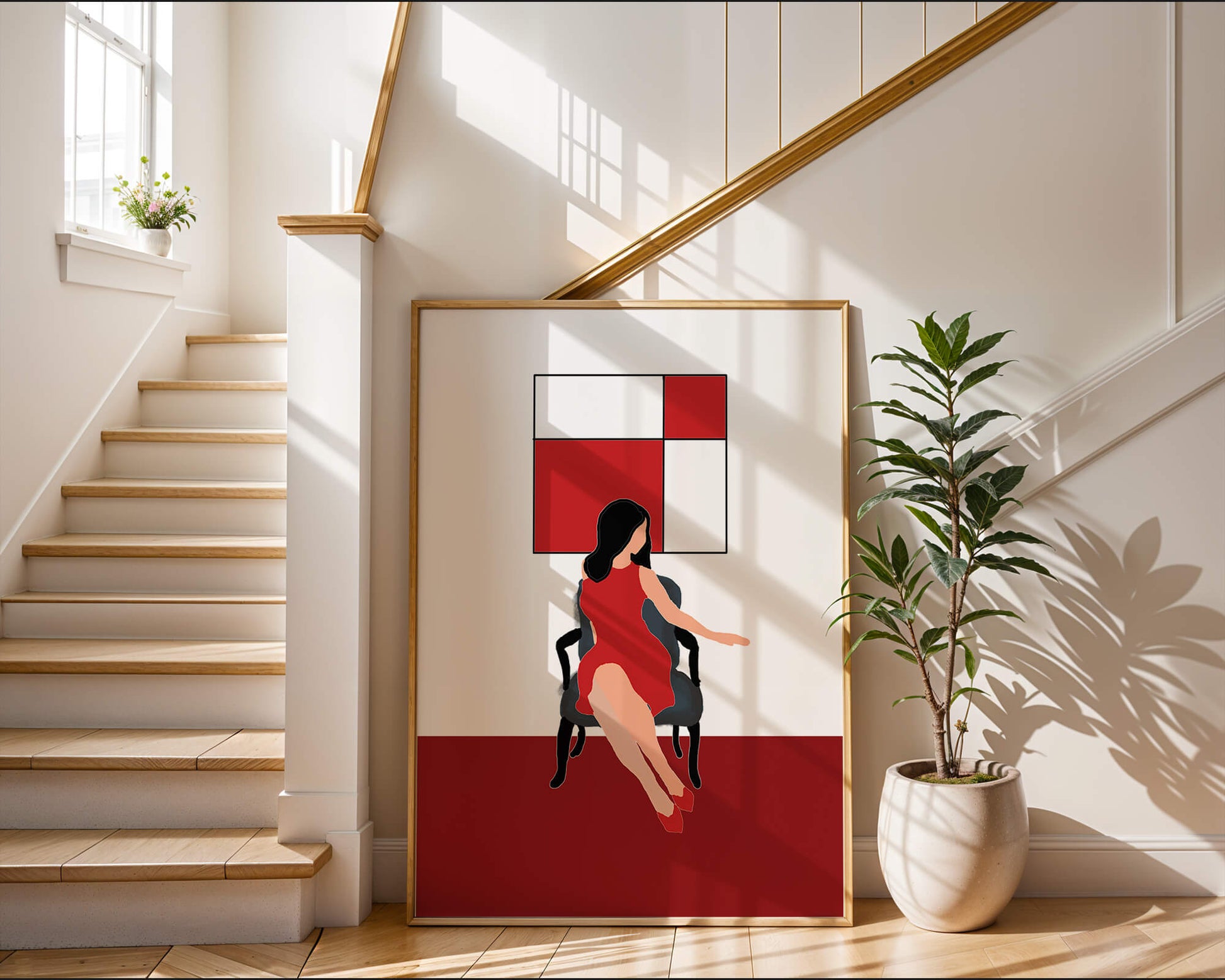 Mujer abstracta en vestido rojo sentada en una silla con arte geométrico en la pared