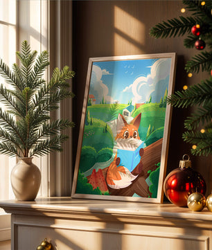 Fox Reading a Book in Scenic Green Landscape with Watermelon Slices