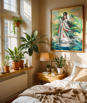 Femme élégante en tenue traditionnelle avec des fleurs de lotus et un décor serein