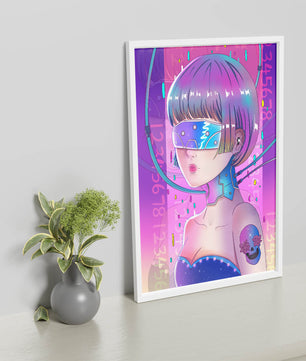 Chica cyberpunk futurista con colores neón y elementos de realidad virtual