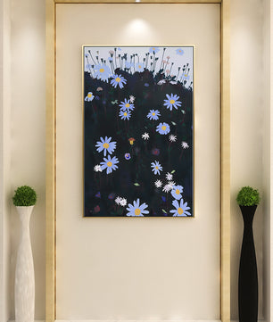 Field Of Blue And White Daisies On A Dark Background