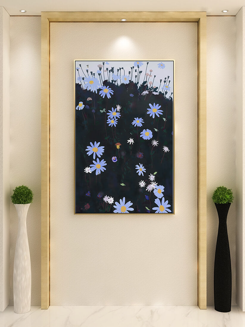 Field Of Blue And White Daisies On A Dark Background
