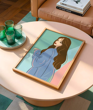 Illustration of woman with long hair and blue jacket